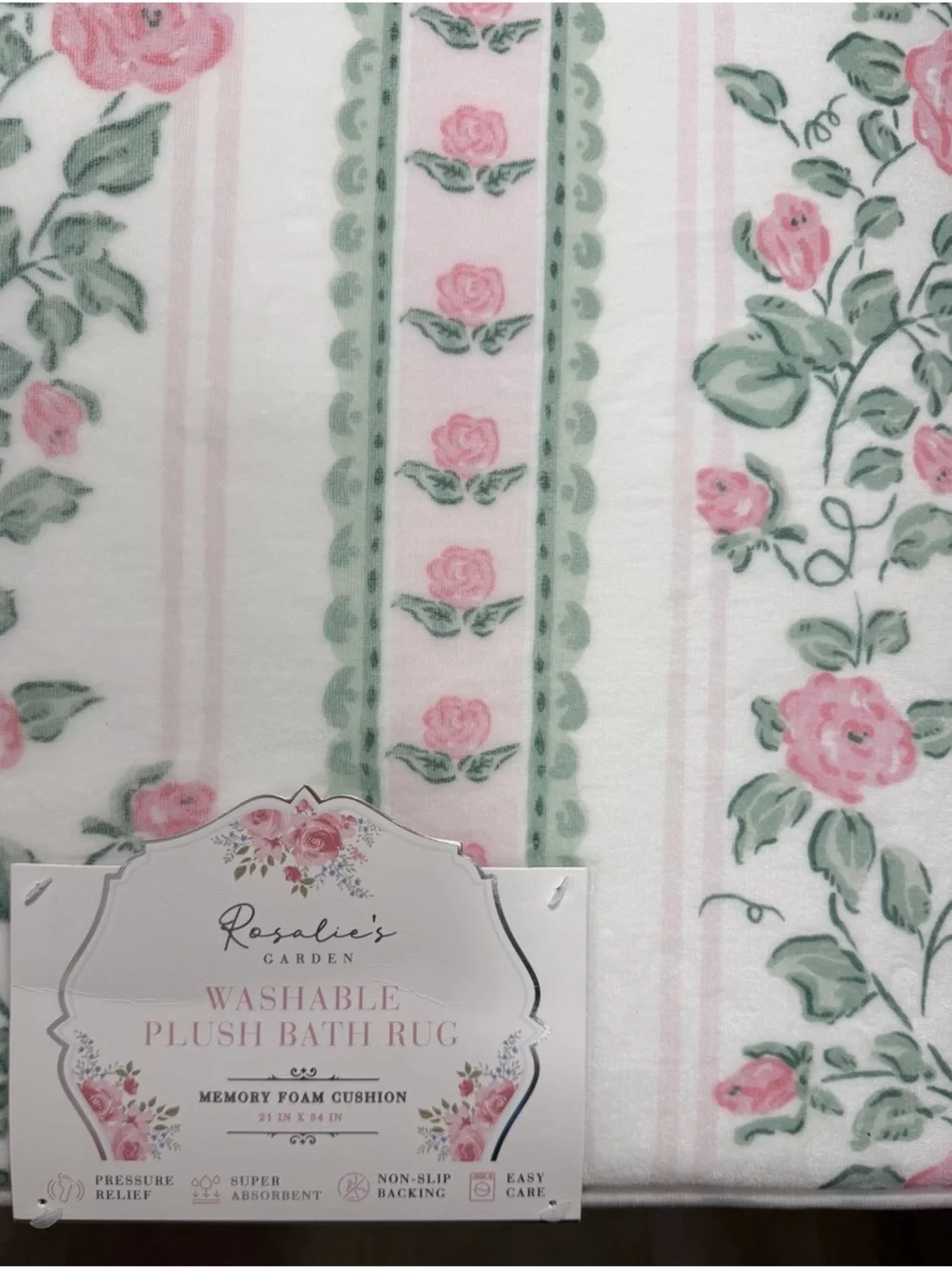 Feminine Floral Stripe Quilted PLUSH Bath Rug - Pink and Green